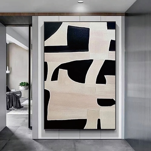 schwarz-weißes Ölgemälde handgemachte Wandkunst 2er Set beige abstraktes Gemälde auf Leinwand handgemalt beige Textur modernes Gemälde Wandkunst neutrales abstraktes Gemälde Wandkunst Boho Image