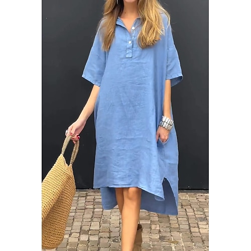 Damen Midikleid Baumwoll Mischung Kaftan Kleid Freizeitkleid Basic Lässig Täglich Urlaub Lässiger Schnitt Einfach Halbarm Hemdkragen Blau Gelb Rosa Khaki Sommer Frühling Herbst Image