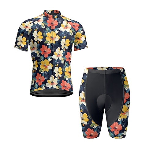 Herren Radtrikot mit Shorts Kurzarm Mountainbike MTB Straßenradsport Sommer Frühling Herbst Blau Gelb Rote Blumenmuster Fahhrad Frontreißverschluss Schweißableitend Bequem Atmungsaktiv Spandex Sport Image
