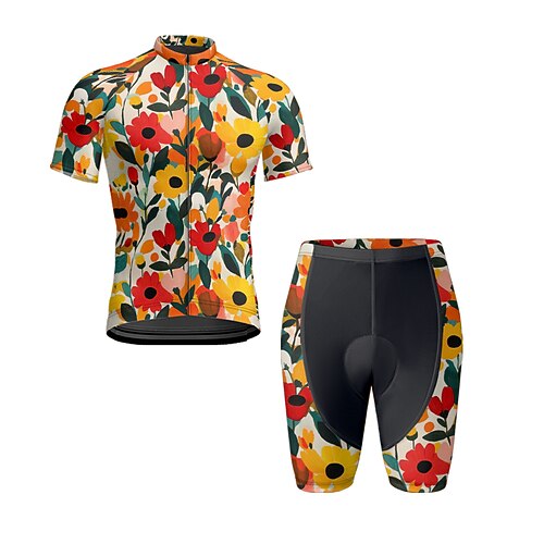Herren Radtrikot mit Shorts Kurzarm Mountainbike MTB Straßenradsport Sommer Frühling Herbst Schwarz Gelb Rosa Blumenmuster Fahhrad Frontreißverschluss Schweißableitend Bequem Atmungsaktiv Spandex Image
