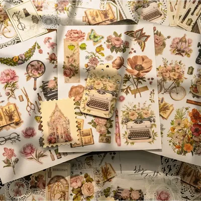 3 Sheet Large Typewriter Flower RUB ON Transfer Stickers Junk Journal Collage Stickers Handicarft