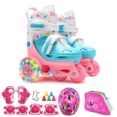 Flash Skating Shoes Kids Beginner Roller Skating Shoes Set Children Skates with Kneepad Elbow Pads