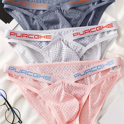 TEMU 3pcs Men's Mesh Briefs, Sexy Solid Color Breathable Underwear, Cooling Funny Panties, Knit Fabric, Medium Stretch, 88% Polyamide 12% Elastane, Polyamide 12% Elastane, Knit Fabric