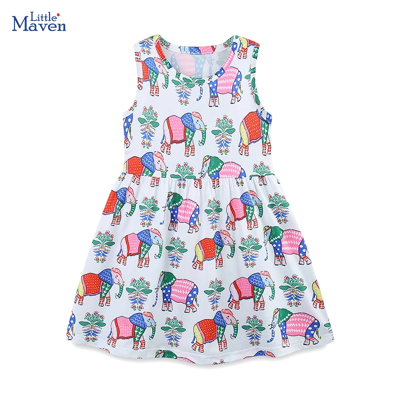 Little Maven Kinderkleidung, Kinderkleidung, Baby-Mädchen, 2025, Sommer, neue Cartoon-Elefanten-Kleider für 2–7 Jahre Image