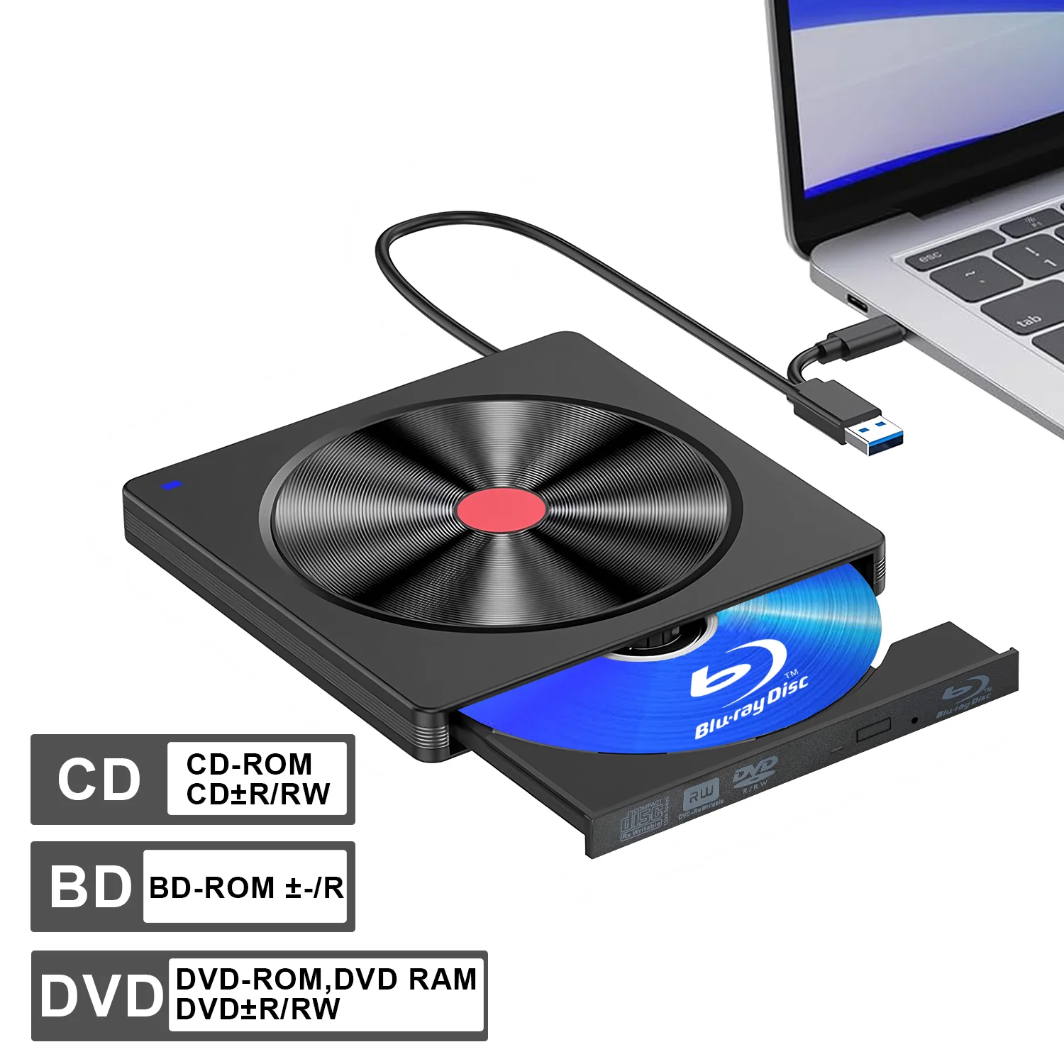 Externes Blu-ray-Laufwerk, USB 3.0- und Typ-C-BD-Lesegerät, DVD/CD-Brenner – tragbarer Blu-ray-Player für Laptop-PC, Windows/Linux/Mac OS Image