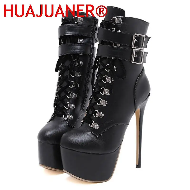 2025 frauen Herbst Stiefeletten Sexy High Heels Plattform Stiefel Runde Kappe Leder Booties Schwarze Schuhe Damen Party Schuhe