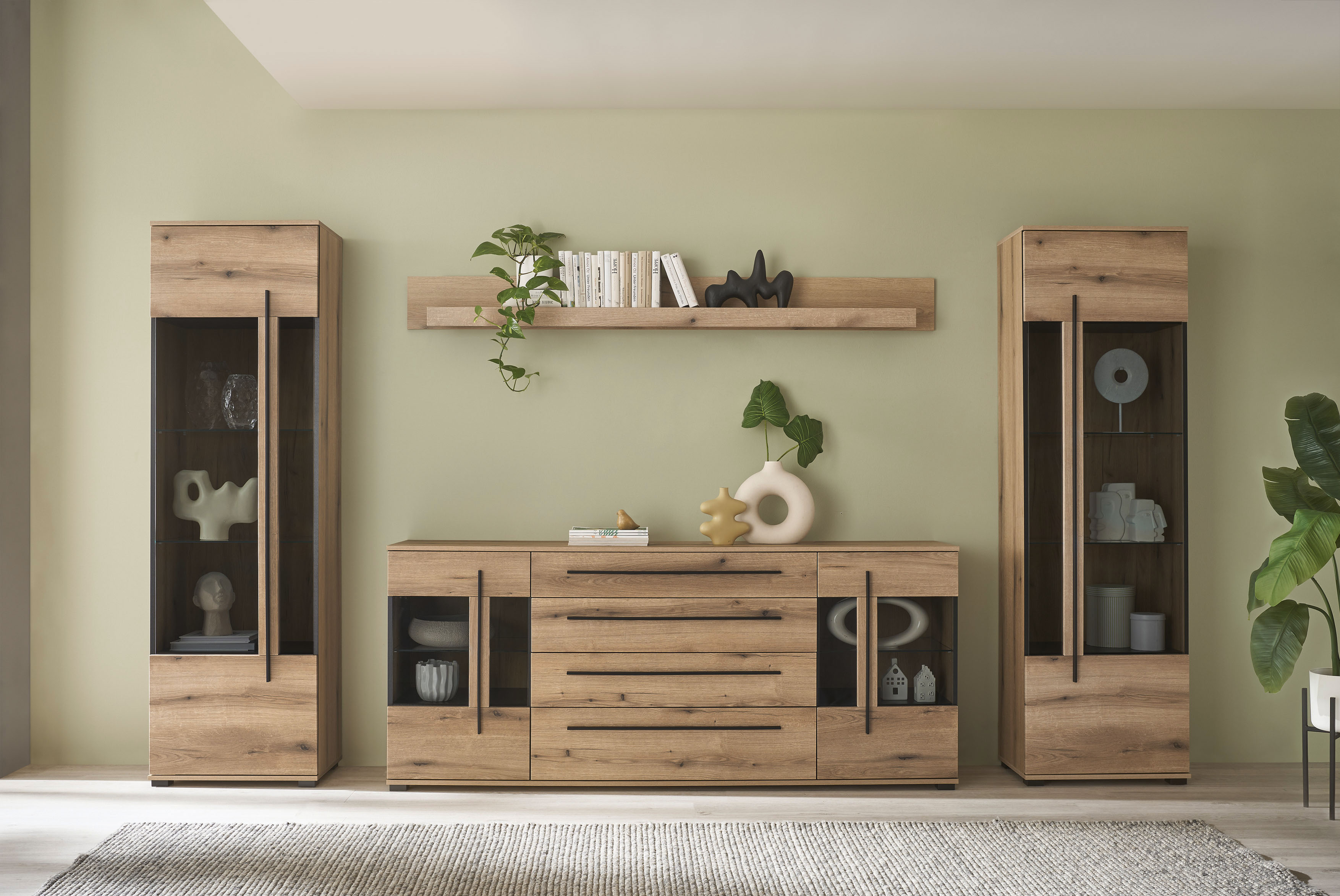 Wohnwand INOSIGN "Cantara, moderne Anbauwand, Wohnzimmer-Set, in Eiche Evoke oder Weiß", eiche evoke, B:340cm H:320cm T:42cm, Holzwerkstoff, Kastenmöbel-Sets, Wohnwand, enthält zwei Vitrinen, ein Sideboard und ein Wandboard