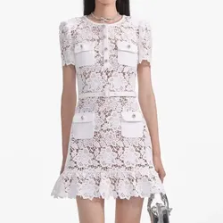 Robe de soirée en dentelle bleue brodée florale pour femmes, robe courte évidée, queue de poisson en cristal, sirène élégante, vacances d'été, designer