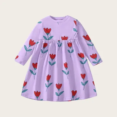 New In Autumn Cotton Children Girls Dress Cartoon Tulip All Over Print Long Sleeve Cute Homewear
