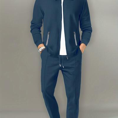 TEMU Men's Casual 2-piece Outfit, Solid Color Jacket & Drawstring Pants Set, Breathable Comfy Full Zip Jacket & Pants Set