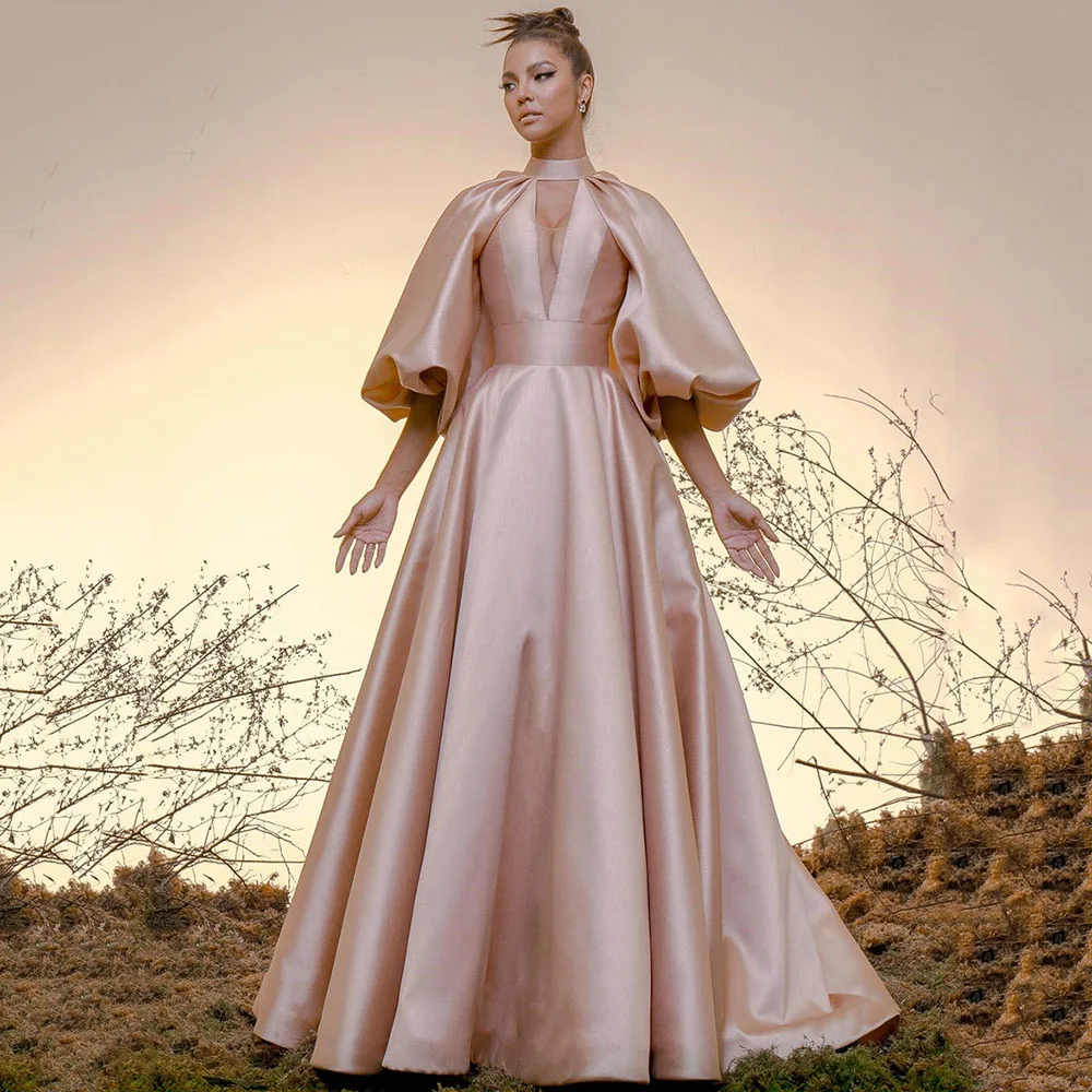 Elegant A Line Evening Dress High Neck Puff Sleeves Prom Floor Length Formal Party Gowns Vestidos De Fiesta