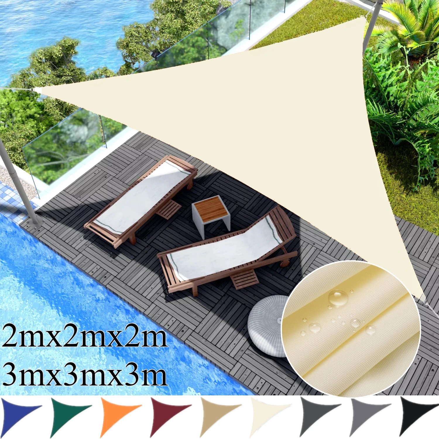 2x2x2m/3x3x3m Dreieck Sonnenschutz Segel Pool Terrasse Deck Baldachin Markise für Outdoor Hinterhof Garten Camping UV Block Sonnenschutz Tuch Image