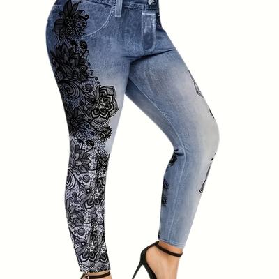 TEMU Ladies Plus Size Denim Printed Lace Leggings, Machine Washable And Suitable For All . Image