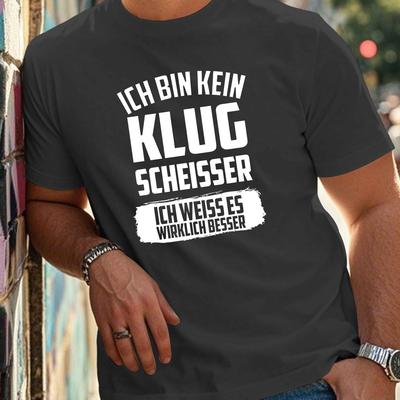 TEMU Plus Size Men's T-shirt With Unique German Quote - Casual Black Polyester Tee, Geometric Pattern, Round Neck, Summer Wear, Machine Washable, Plus Size Image