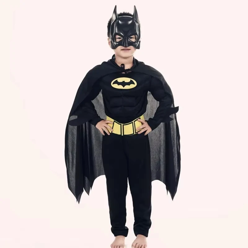 Kinder Fledermaus Cosplay Overall Held Kostüm Anzug mit Cape Maske Männer Superheld Wayne Hochwertige Requisiten Halloween Karneval Party Image