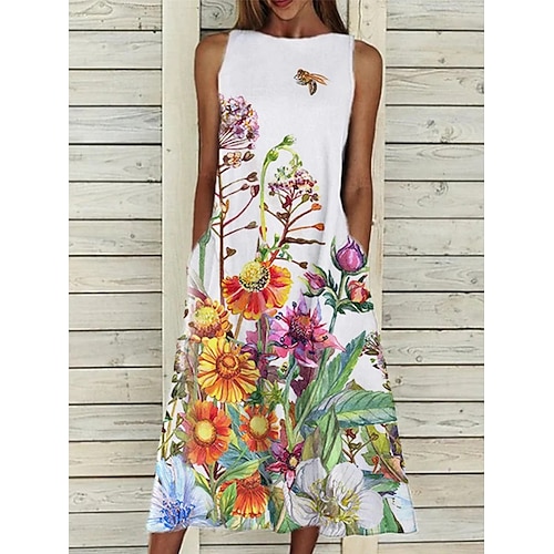 Damen Midi Kleid A-Linie Kleid T-Shirt Kleid Tee Kleid Off-Shoulder Kleid Sportliches Kleid Lässig Urlaub Alltag Reguläre Passform Floral Ärmellos Off-Shoulder Gelb Rot Blau Lila Sommer Image