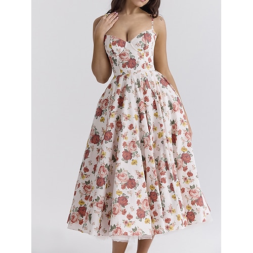 Retro Vintage 1950er Midlänge Kleid Ausgestelltes Kleid Spaghetti-Träger Korsett Blumen A-Linie Kostüm Damen Maskerade Hochzeit Urlaub Teegesellschaft Erwachsene Kleid Image