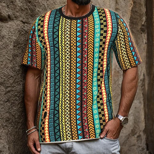 Herren Stammes T Shirt Kurzarm T-Shirt 3D-Druck Rundhalsausschnitt Hemd Mode Ethnisch Straße Täglich Braun Sommer Frühling Bekleidung S M L XL XXL XXXL Image