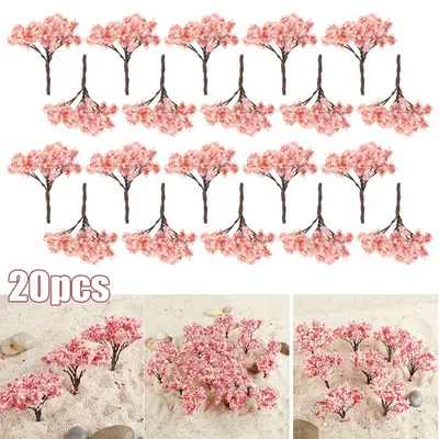 20pcs Mini Cherry Flower Tree Model Plant Diorama Kits Diy Sand Table/HO Railway Scene Layout