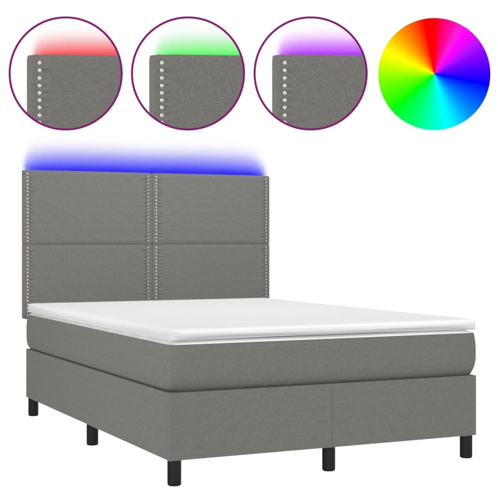 vidaXL Boxspringbett mit Matratze & LED Dunkelgrau 140x190 cm Stoff Image