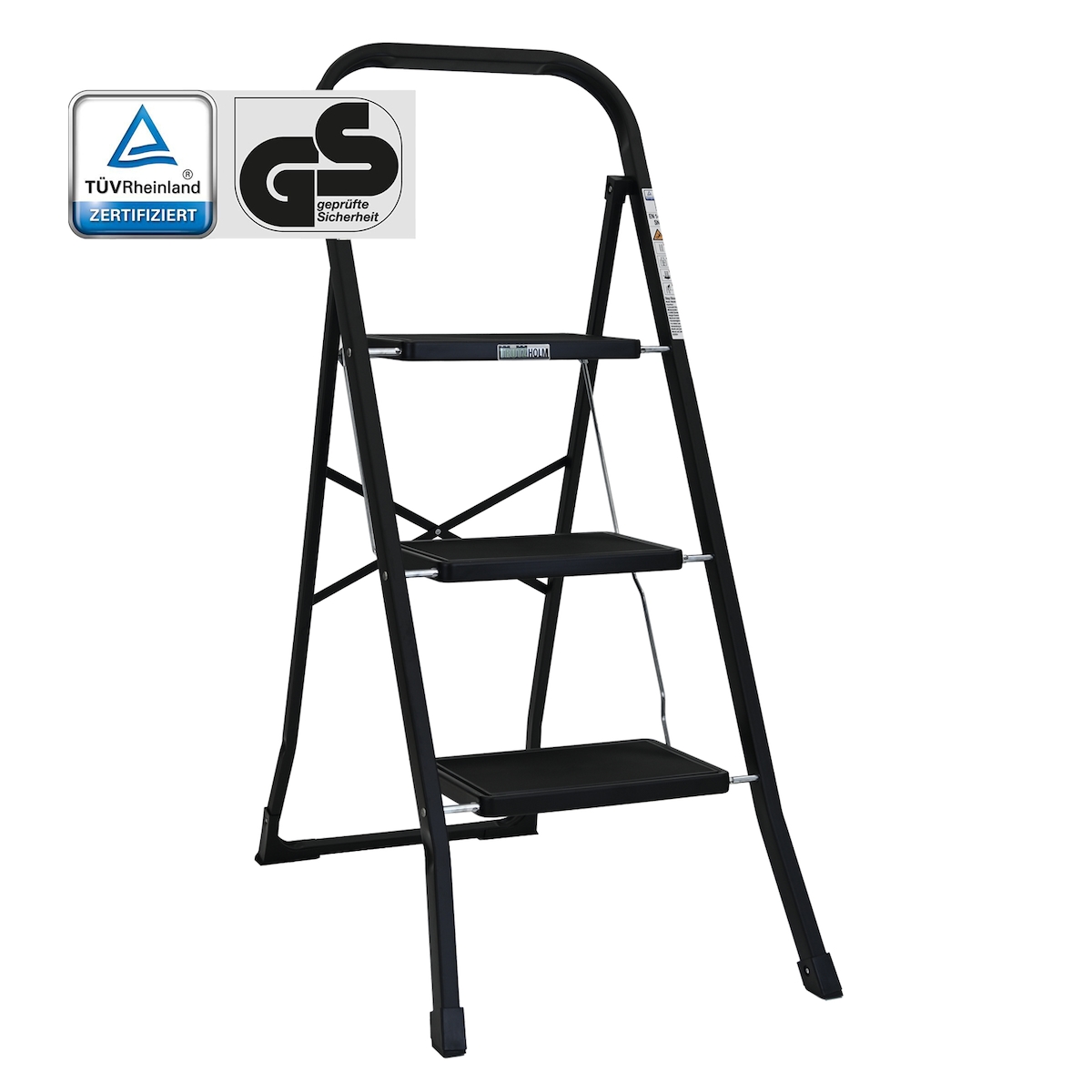 Baumarktplus Trittleiter 3-stufig klappbar TÜV/GS 150 kg Anti-Rutsch Trittflächen Klapptritt Leiter in schwarz Image