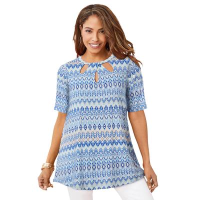 Plus Size Women's Stretch Knit Cutout Swing Tunic by Jessica London in Blue Tribal Stripe (Size 22/24) Long Shirt