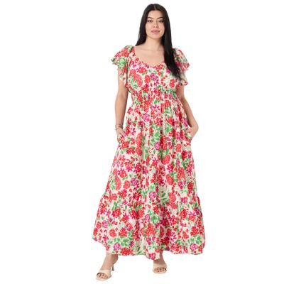 Plus Size Women's Smocked Poplin Maxi Dress by June+Vie in Garden Red (Size 10/12)
