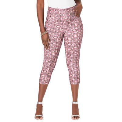 Plus Size Women's Comfort Waist Stretch Denim Capris by Jessica London in Raspberry Mosaic Flower (Size 26) Pull On Jeans Stretch Denim Jeggings