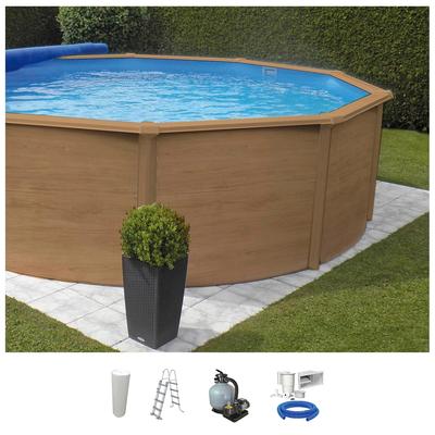 Rundpool KWAD "Wood Design, inkl. Sicherheitsleiter und Zubehör", braun, H:132cm Ø:360cm, Schwimmbecken, 5-tlg., H: 132 cm, sandfarbene Innenfolie Image