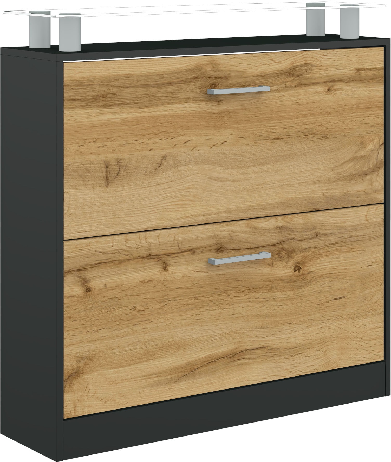 Schuhschrank BORCHARDT MÖBEL "Finn, Schuhregal, Schuhkipper für 12-16 Paar Schuhe", schwarz (schwarz matt, eichefarben wotan), B:89cm H:90cm T:23cm, Holzwerkstoff, Schränke, Schuhschrank, Breite 89 cm, mit Glasablage