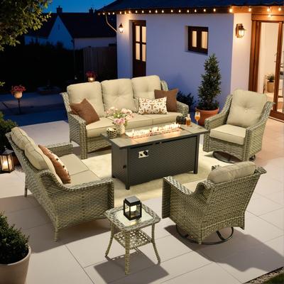 OVIOS 6-piece Patio Wicker Swivel Rocking Chair Set With Fire Pit