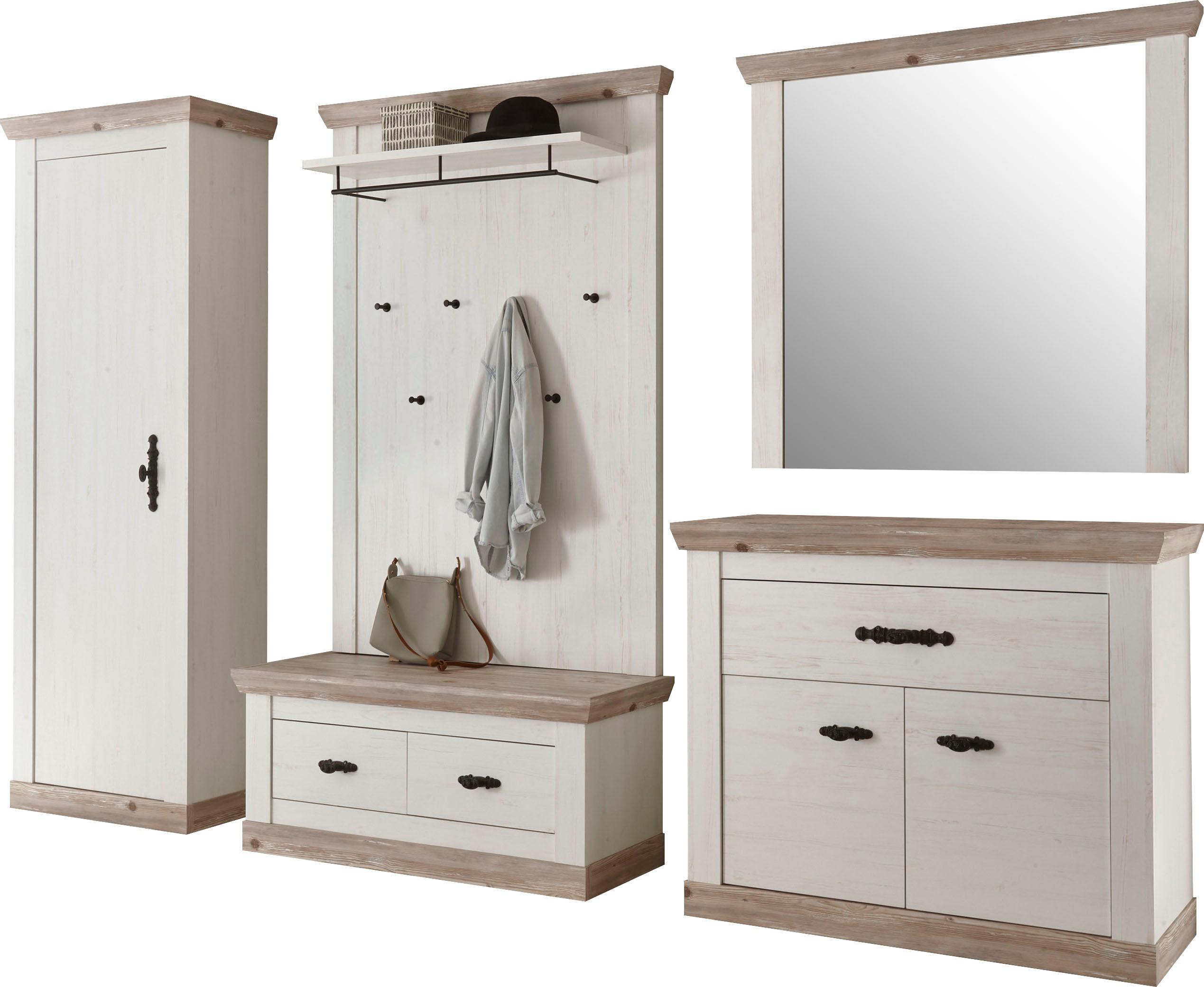 Garderoben-Set HOME AFFAIRE "Florenz", weiß (piene weiß), ohne Sitzkissen, Holzwerkstoff, Kastenmöbel-Sets, bestehend aus Bank, Paneel, Spiegel, Kommode und Garderobenschrank Image