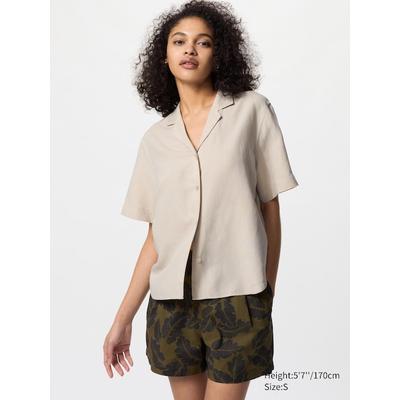 Uniqlo - Linen Blend Open Collar Shirt (short Sleeve) - Beige - M