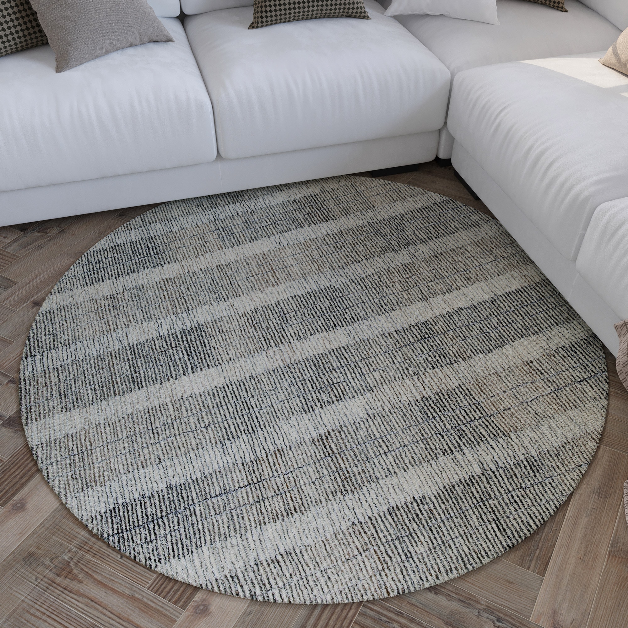 Teppich WECON HOME "Hamptons FORTY", beige (beige grau), H:11mm Ø:200cm, Schurwolle, Teppiche, Teppich, Fasermix, Kurzflor, Wohnzimmer, Schlafzimmer, elegant, Streifen Muster