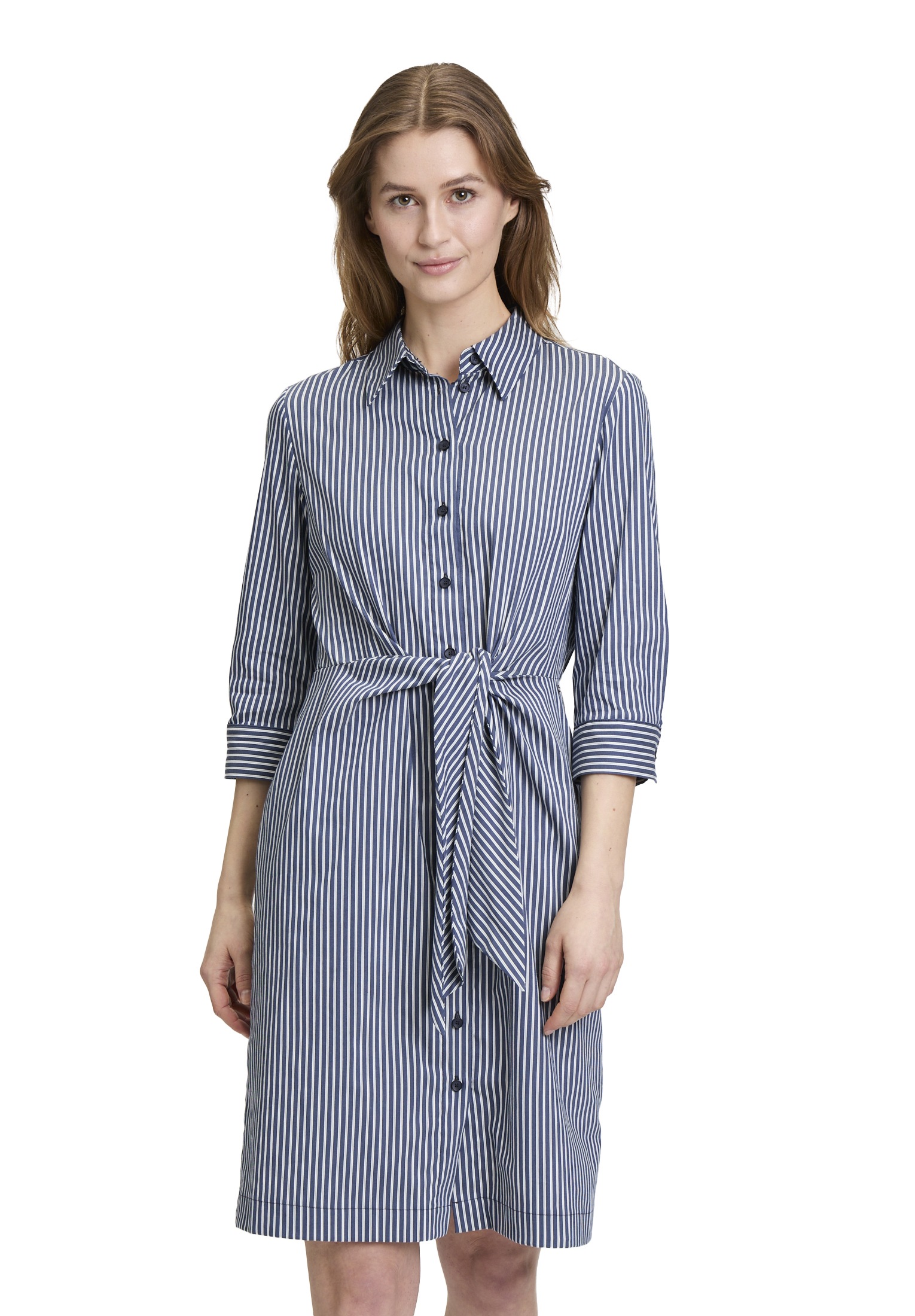 Hemdblusenkleid BETTY & CO "Damen mit Eingrifftaschen", Damen, Gr. 44, Normalgrößen, blau (dunkelblau, weiß), Obermaterial: 72% Baumwolle, 25% Polyamid, 3% Elasthan, tailliert kurz, Kleider, Nahtführung