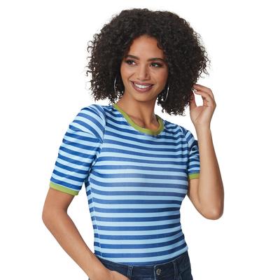 Masseys Puff Sleeve Ribbed Tee (Size L) Navy/Blue/Lime, Cotton,Elastine