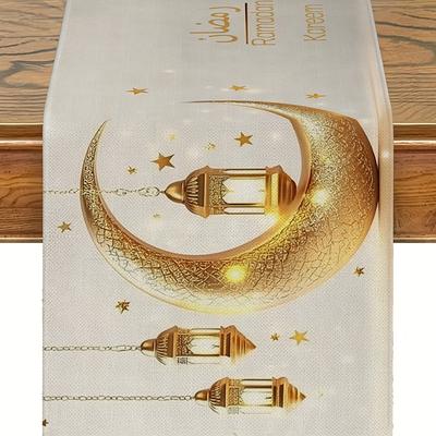 TEMU 1pc Ramadan Kareem Table Runner - & Design With Stars, Linen Blend Rectangular Kitchen Dining Decor For Eid Al-fitr, Party Decoration, Ramadan Home Decor Image