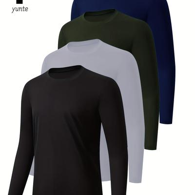 TEMU 4-pack Men's Athletic Long Sleeve T-shirts, Quick-dry, Breathable, Fitness Workout Tops, Casual Outdoor Sports Shirts, Slimming Gym Wear, Polyester Knit, Regular Fit, Solid Color, /green/blue Image