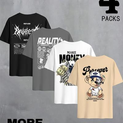 TEMU 4-pack Men's Fashion Streetwear T-shirts, Casual Crew Neck, Polyester Knit Fabric With Stretch, Multiple Patterns Print Short Sleeve Tops For Summer Image