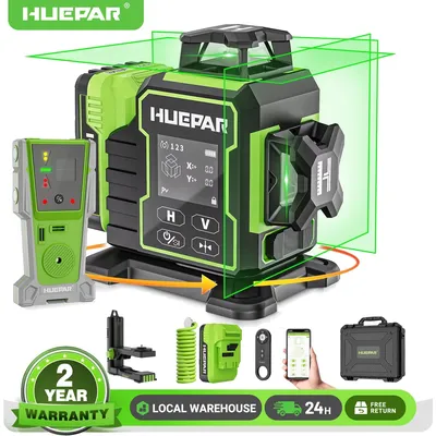 Huepar W03CG Laser Level Green Cross Lines 3D 12 Lines Bluetooth Lazer Leveler With Electric Rotating Base & LCD Screen Remote