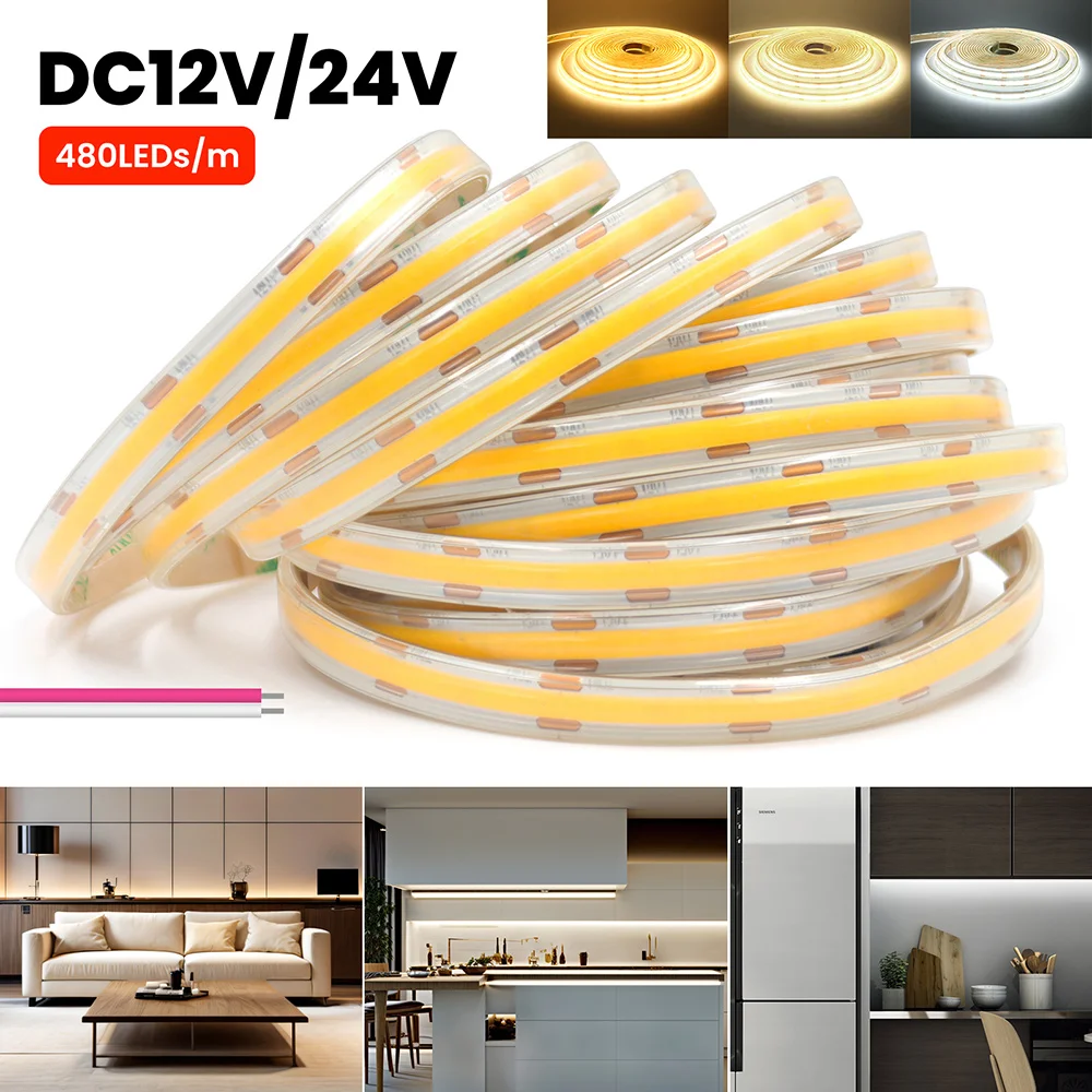 Striscia LED COB 480 LED/m 12V 24V Luce con filo a 2 pin 3000K 4000K 6000K IP67 Nastro LED flessibile impermeabile 5m 10m 20m 0,5m 1m 2m