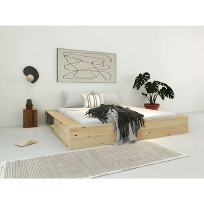 Massivholzbett HOME AFFAIRE "Erno, OTTO's Choice, Stauraumbett, Futonbett, 275KG belastbar", beige (natur), B:223,5cm H:30,5cm L:204cm, Betten, mit Lattenrost, FSC zertifiziert, viel Stauraum + Ablagen Image