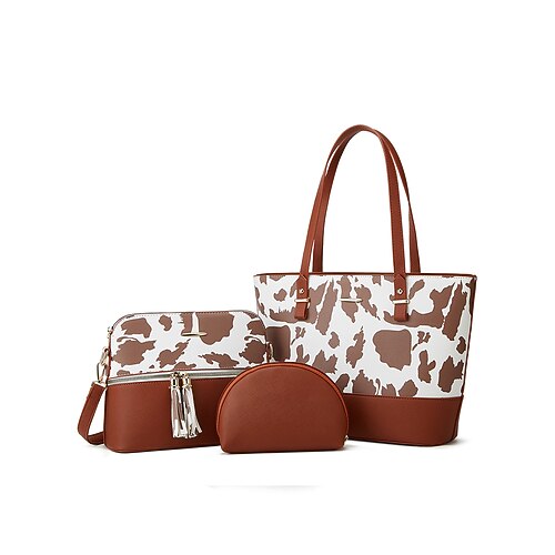 elegante set di borse da donna bicolore patchwork con decorazione a nappe - borsa a mano, borsa a tracolla e borsa piccola - perfette per il tempo libero quotidiano, per andare al lavoro