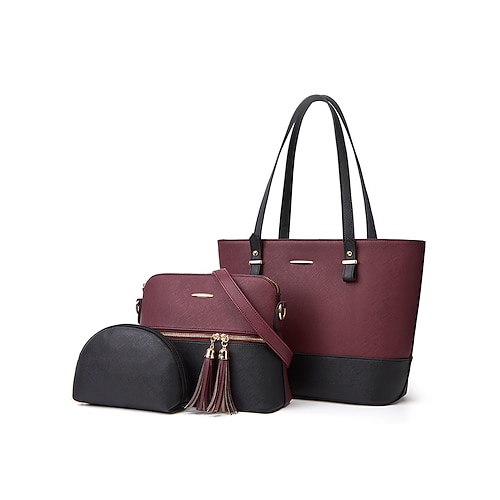 elegante set di borse da donna bicolore patchwork con decorazione a nappe - borsa a mano, borsa a tracolla e borsa piccola - perfette per il tempo libero quotidiano, per andare al lavoro