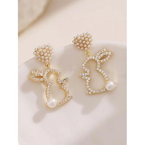 orecchini da donna a forma di coniglietto pasquale - design a cuore con dettagli in cristallo e decorazioni in perle, adorabili orecchini da donna placcati in oro, perfetti per Pasqua, feste primaverili e uscite informali