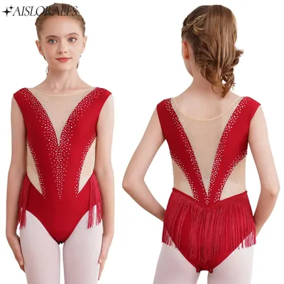 New Kids Girls Shiny Rhinestone Ballet Latin Rumba Cha-Cha Samba Dance Dress Leotard Figure Skating