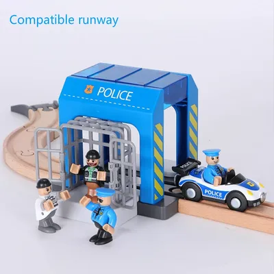 Wooden Train Track Accessories Plastic Police Office Fire Department Scene Simulation Play Wooden