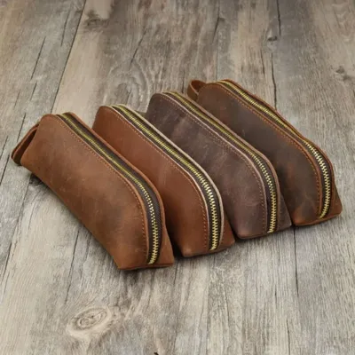 Vintage Leather Pencil Case Retro Storage Bag Stationery Items Crazy Horse Pencil Pouch Pen Holder