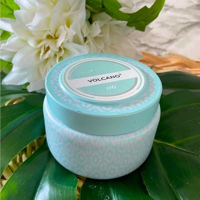 Anthropologie Accents | Anthropologie Capri Blue Volcano Candle 8.5 Oz. Aqua Printed Travel Tin Nwt Dent | Color: Green/White | Size: 8.5 Oz.