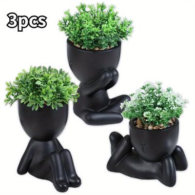 TEMU 3pcs Set Of Artificial Eucalyptus & 's Breath Potted Plants - Greenery With White & Black Plastic Pots For Home, Office, And Outdoor Decor Image